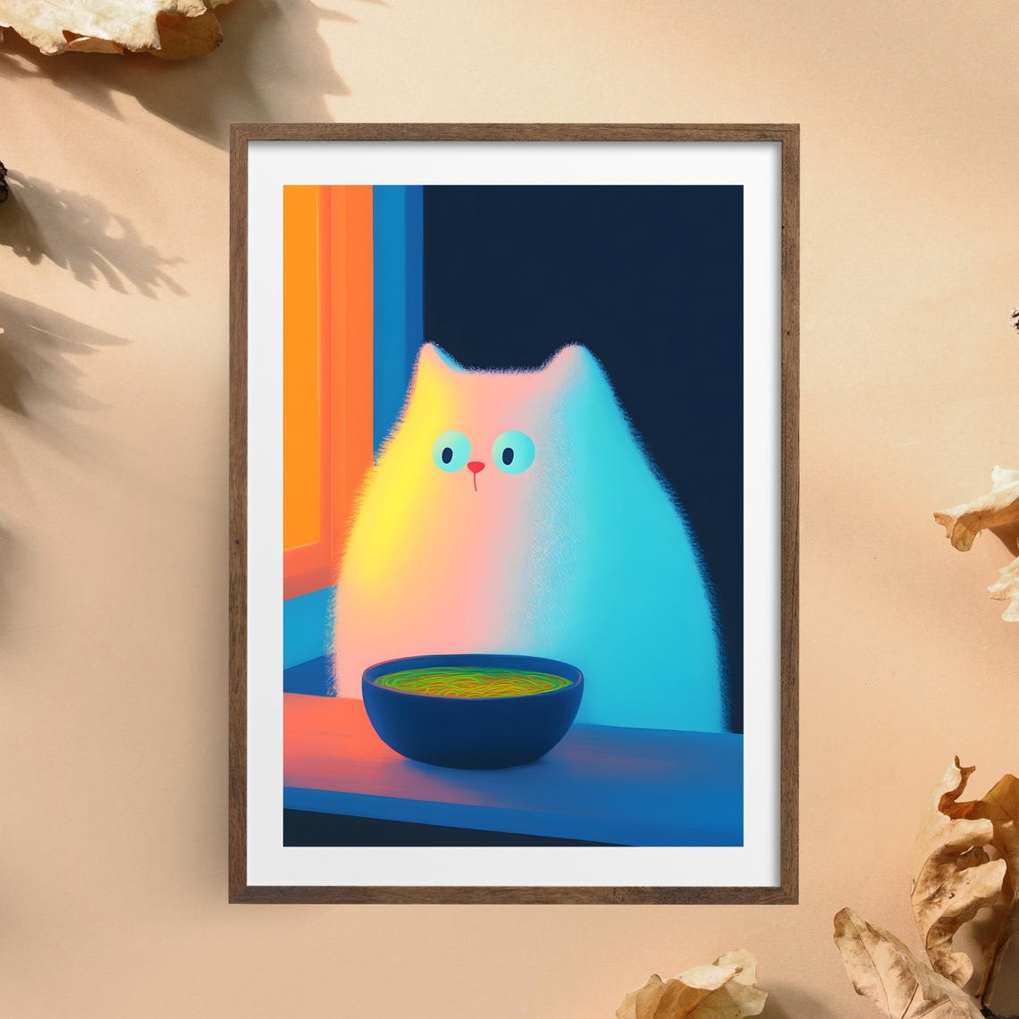 Fluffy Rainbow Cat With Bowl Of Ramen Sunset Window Cat Poster - Image 4