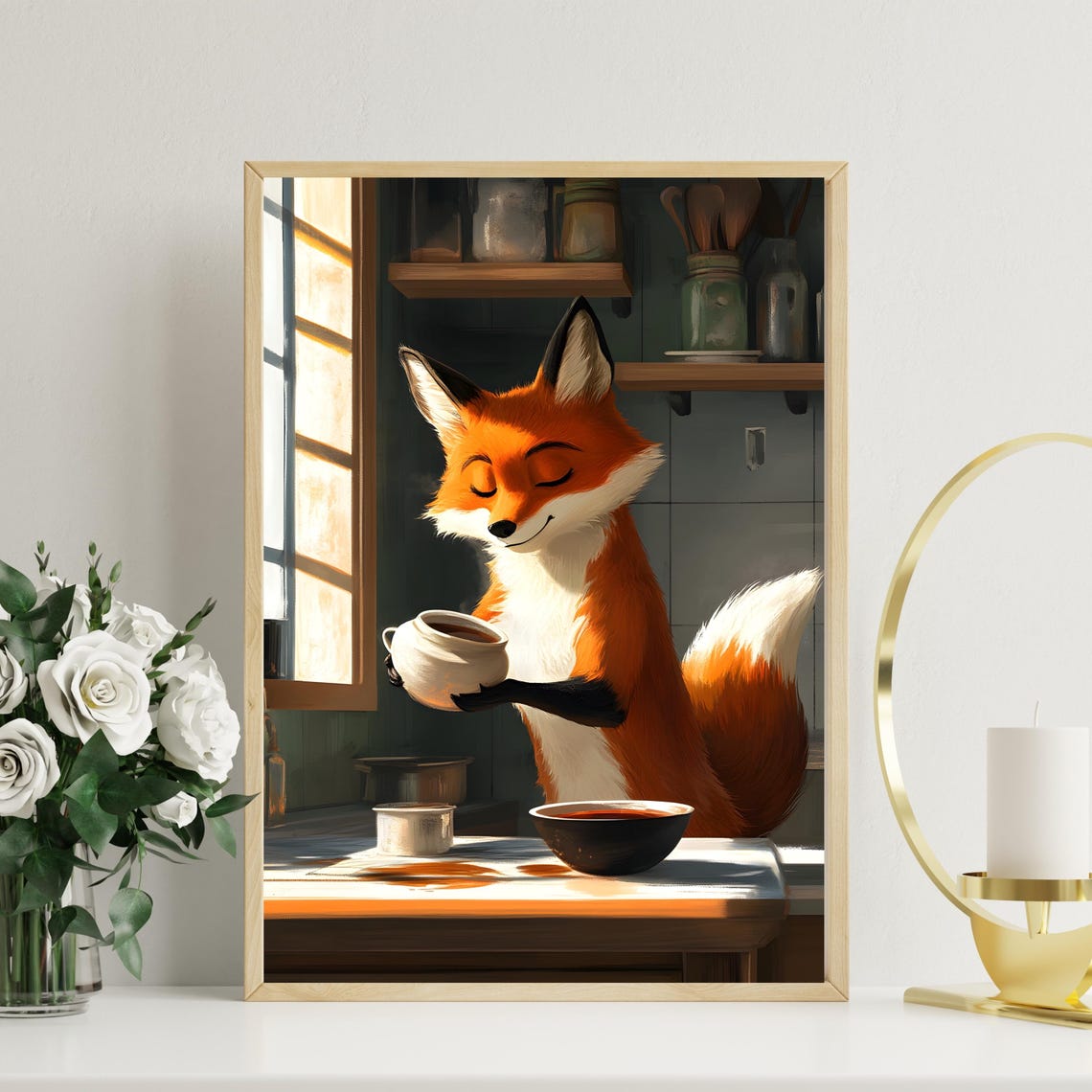 Cheerful Orange Fox Holding Teapot in Sunlit Kitchen Window Poster