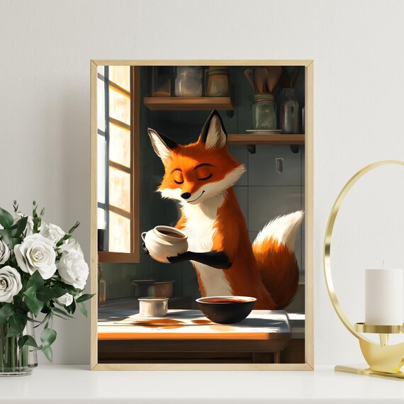 Cheerful Orange Fox Holding Teapot in Sunlit Kitchen Window Poster