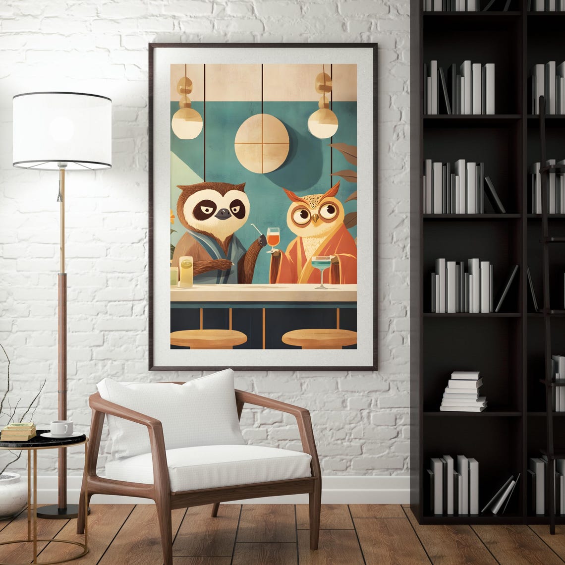Owl and Sloth Drinking Cocktails at a Cozy Mid Century Bar Poster - Image 4