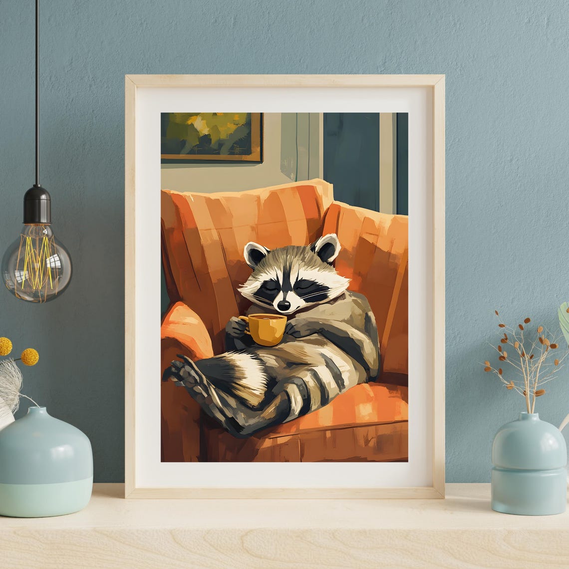 Relaxed Raccoon in an Orange Armchair Holding a Warm Mug Poster