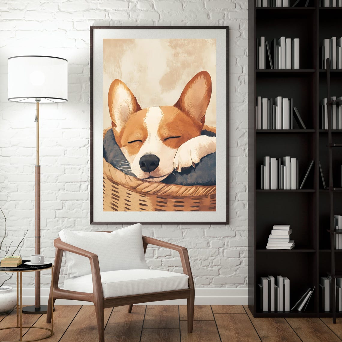 Sleeping Corgi Puppy Curled in Wicker Basket Cozy Dog Nursery Poster - Image 5