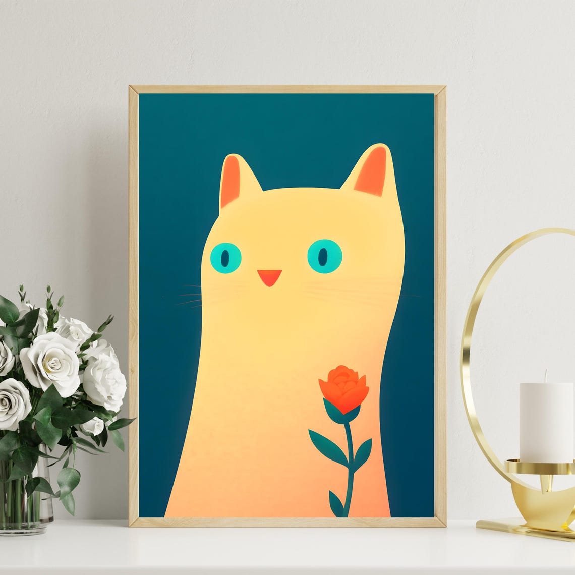 Minimalist Lemon Yellow Cat Holding a Rose on Dark Teal Poster