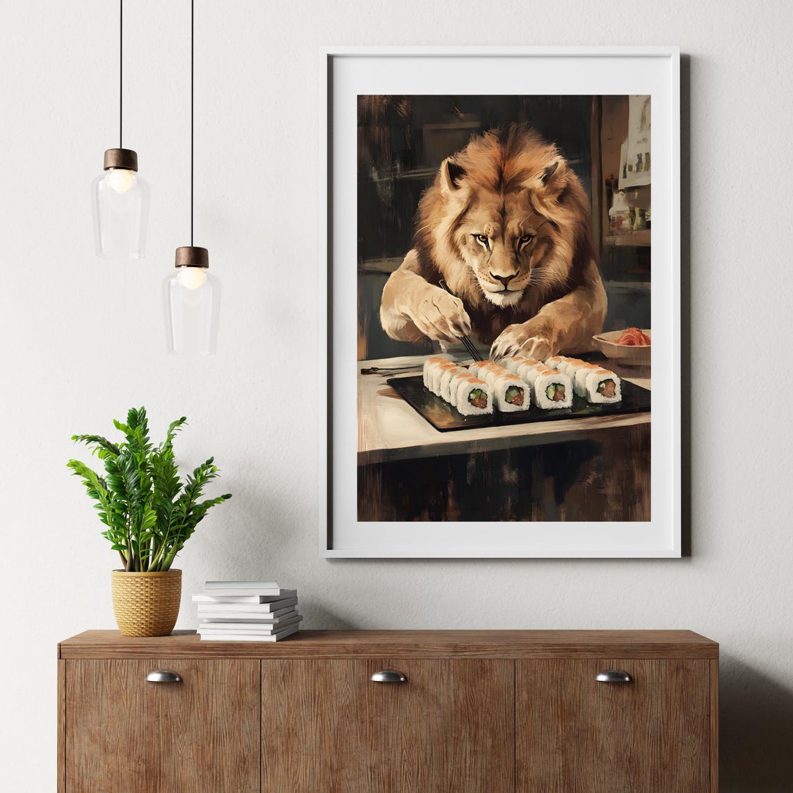 Majestic Lion Using Chopsticks Over a Full Sushi Platter Poster - Image 2