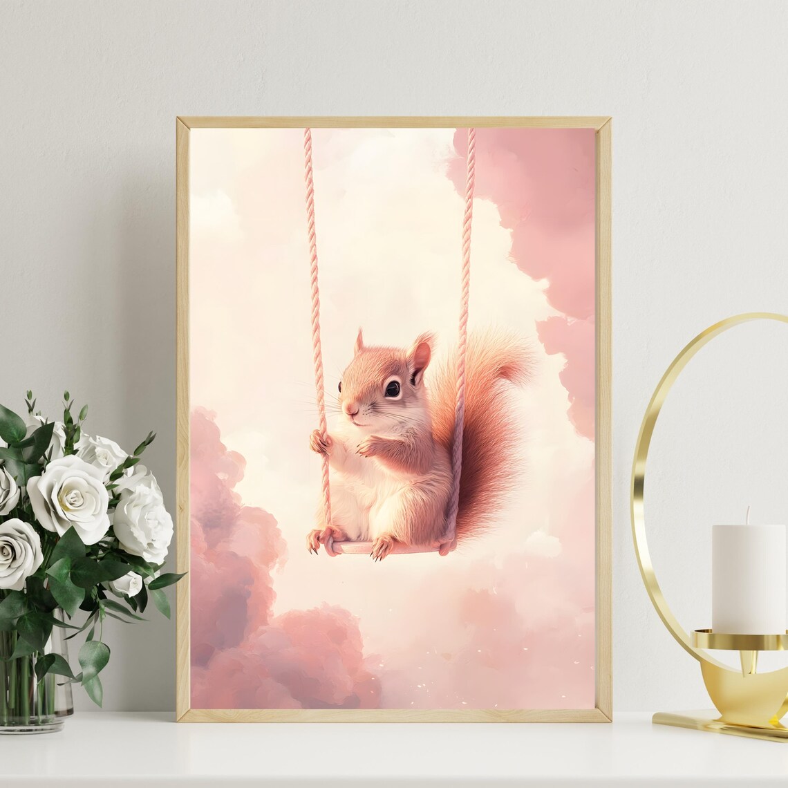 Cute Fluffy Squirrel Sitting on a Rope Swing Floating in Pink Clouds Poster