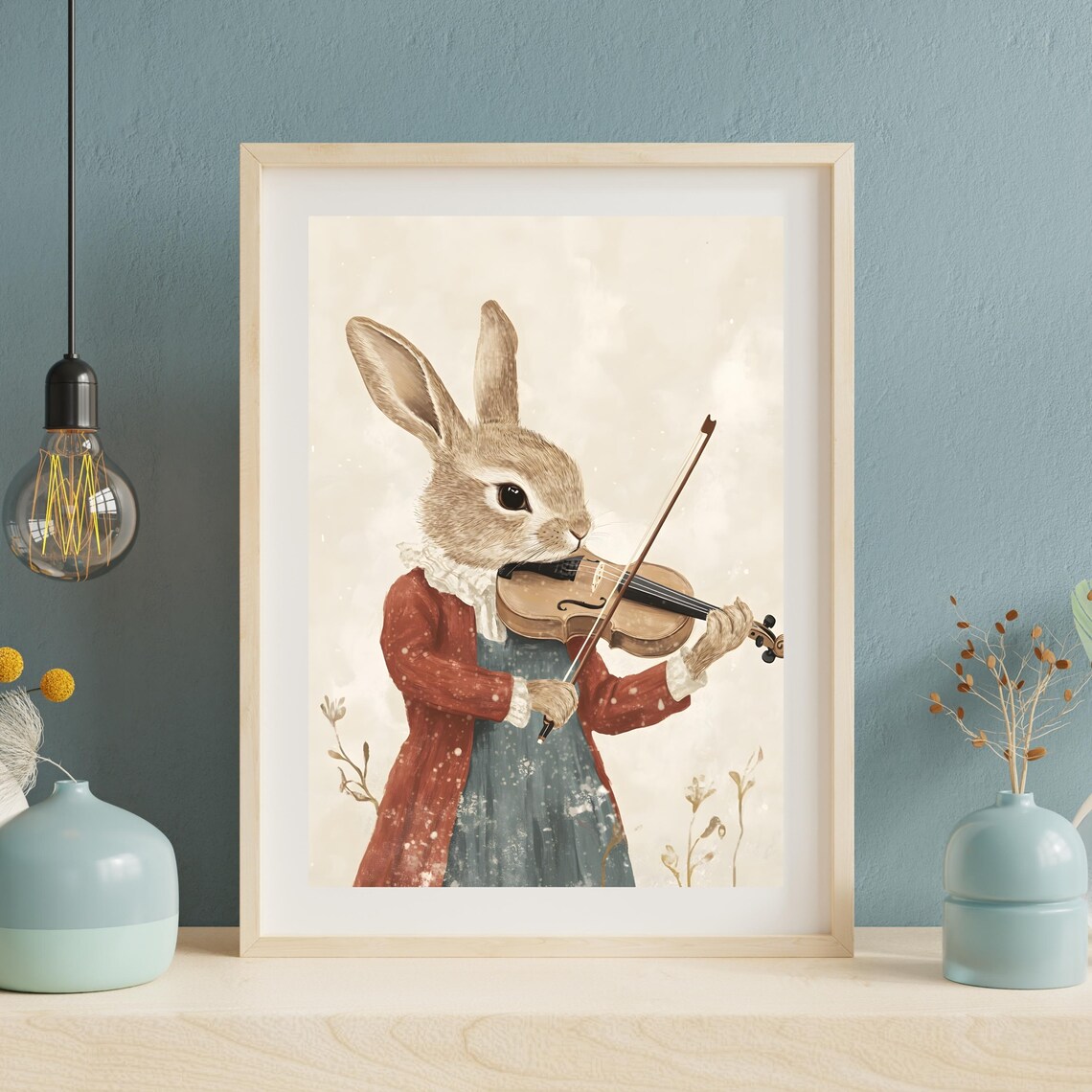 Elegant Rabbit Violinist in a Red Coat Playing Violin Vintage Style Poster