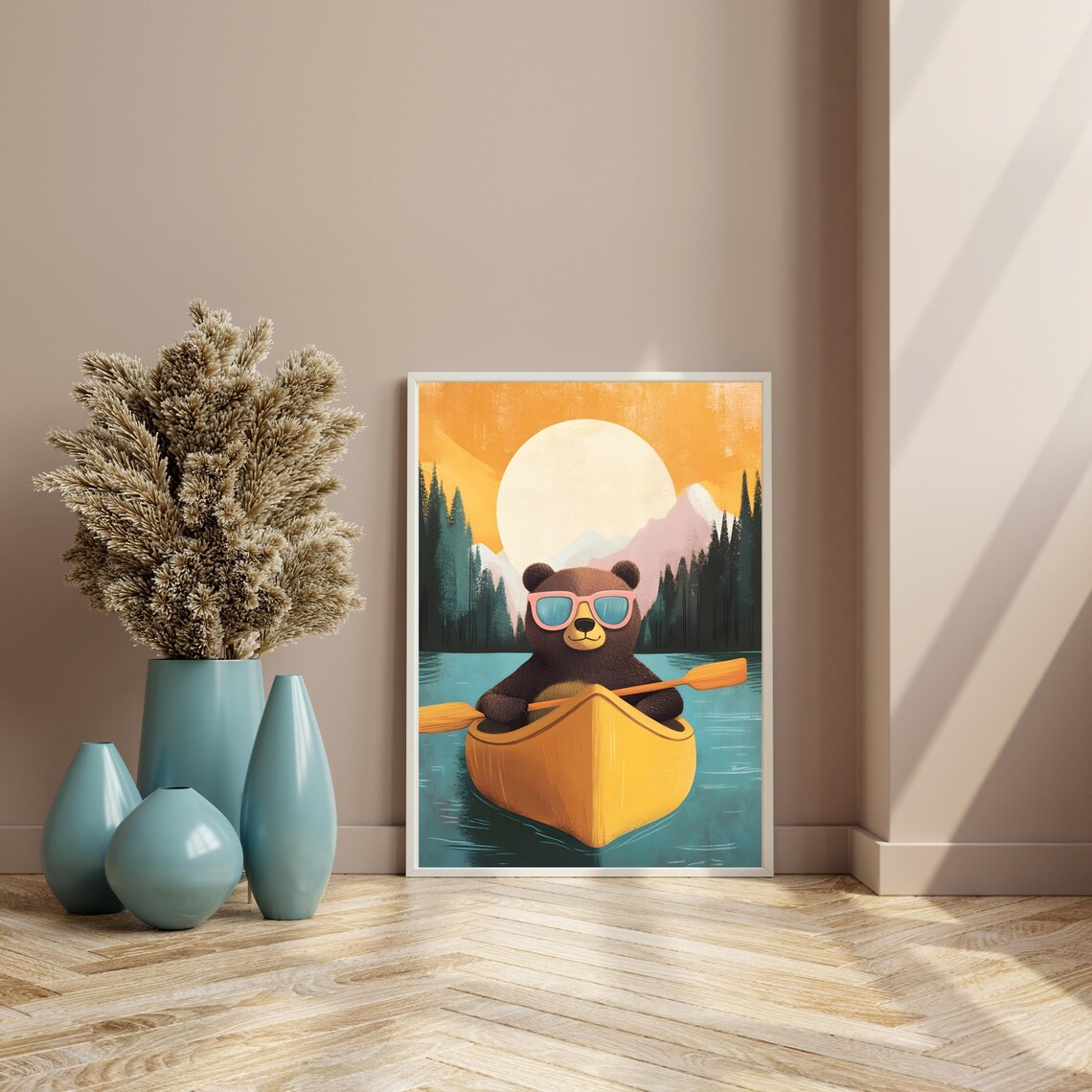 Cool Dark Bear in Pink Sunglasses Paddling a Yellow Canoe at Sunset Poster - Image 5