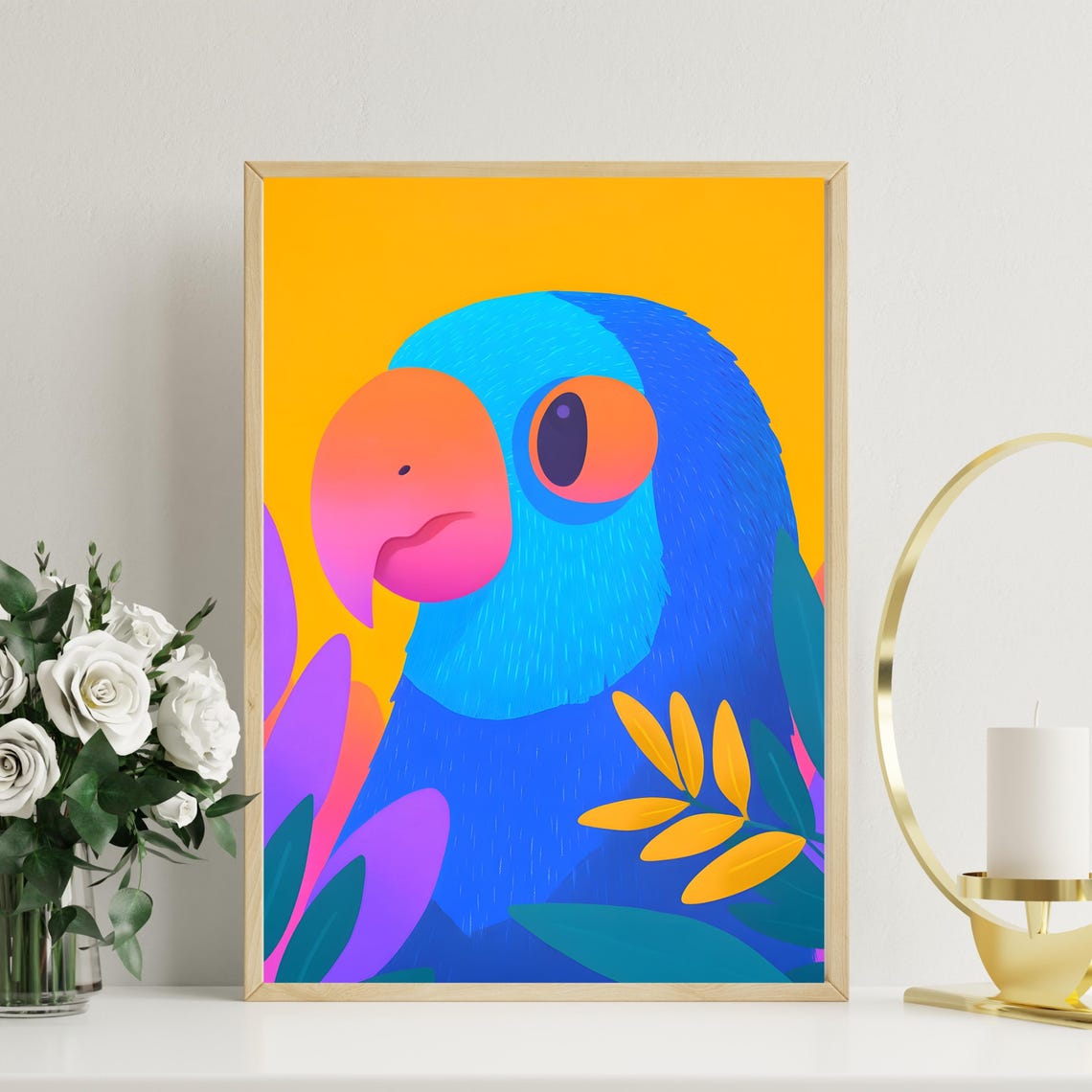 Vibrant Blue Parrot Portrait With Tropical Leaves On Yellow Poster