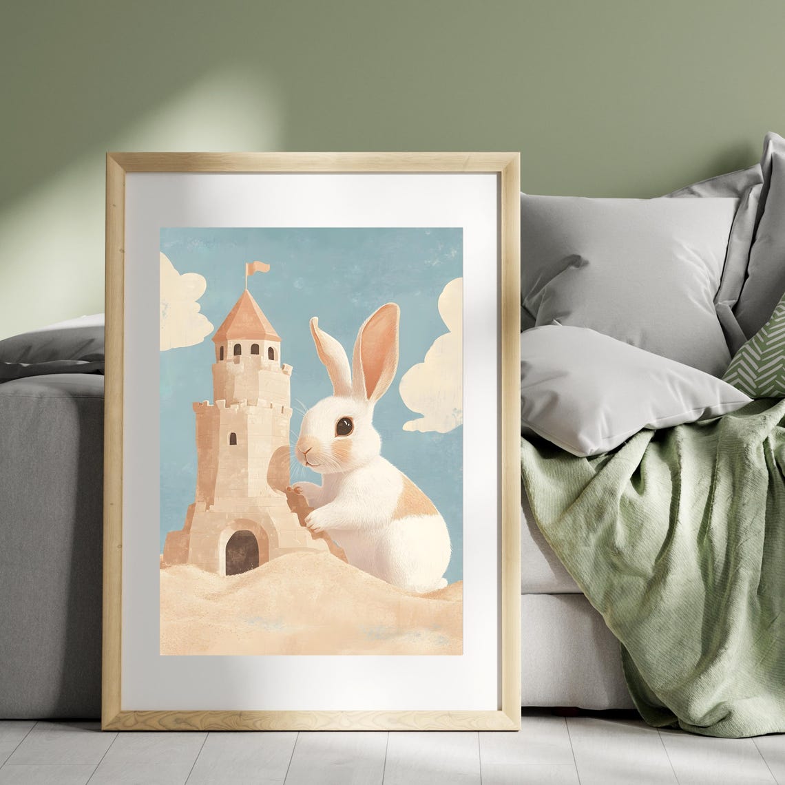 Adorable White Bunny Building a Sandcastle Tower on the Beach Poster - Image 3
