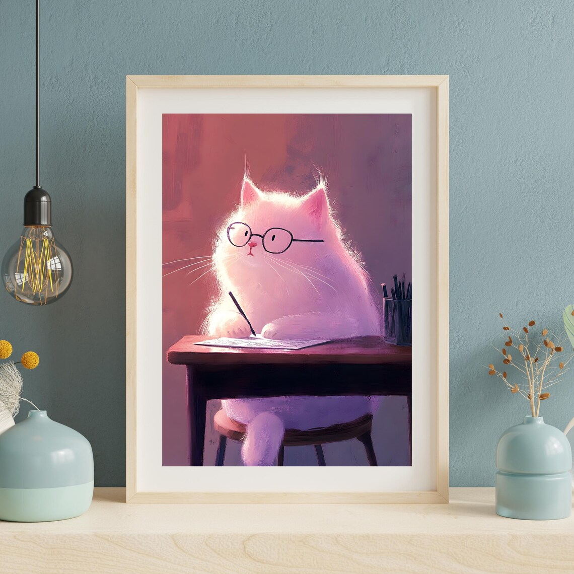 Fluffy White Cat in Glasses Writing at a Wooden Desk in Rose Light Poster