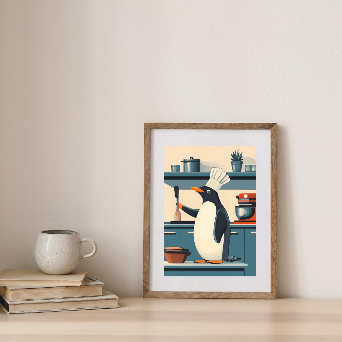Penguin Chef With Spatula Cooking in a Retro Teal Kitchen Poster - Image 7