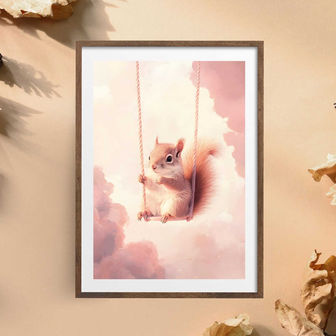 Cute Fluffy Squirrel Sitting on a Rope Swing Floating in Pink Clouds Poster - Image 5