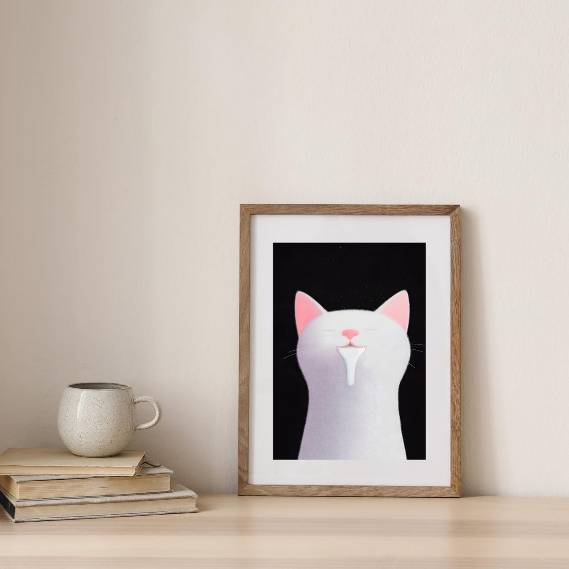 White Cat Drinking Milk With Dripping Milk Minimalist Cat Poster - Image 3