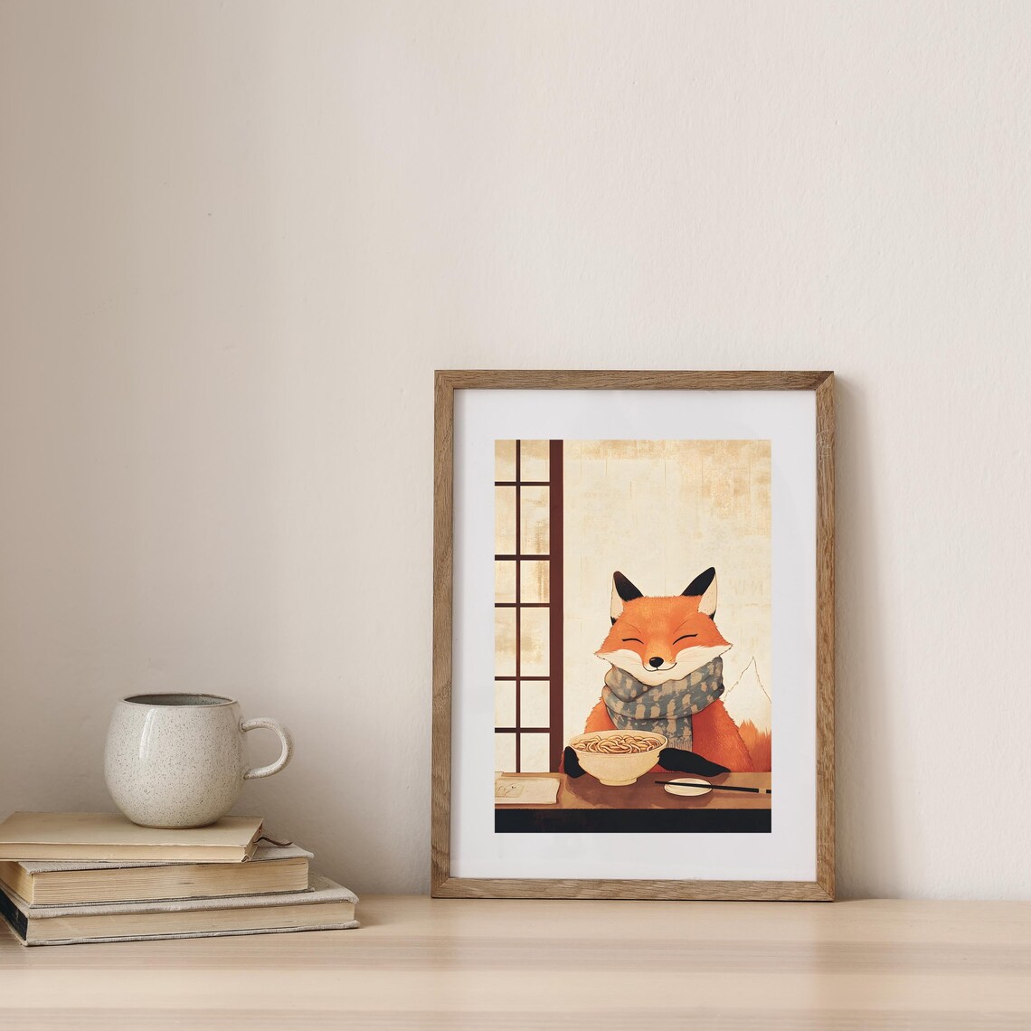 Happy Red Fox in a Patterned Scarf Savoring a Steaming Noodle Bowl Poster - Image 7