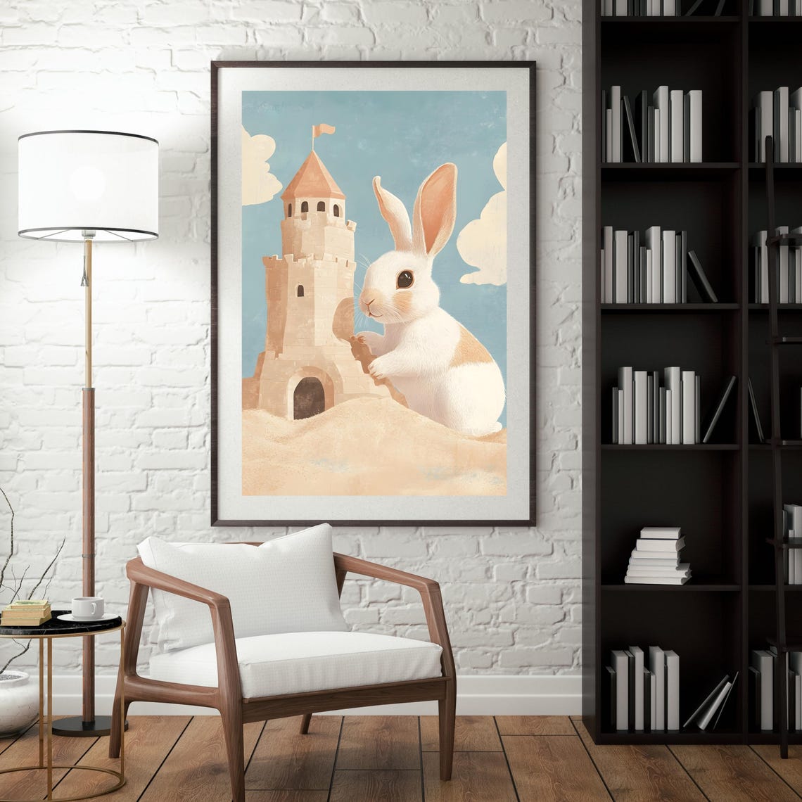 Adorable White Bunny Building a Sandcastle Tower on the Beach Poster - Image 7