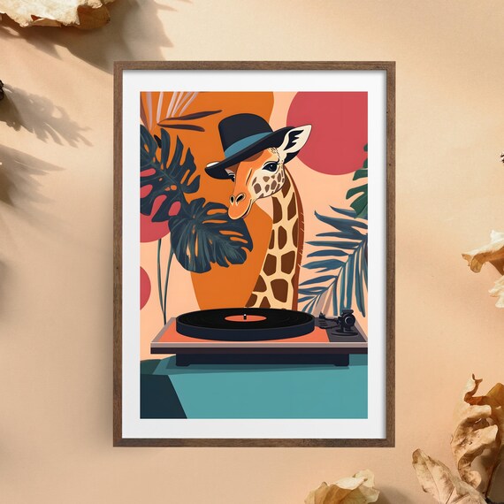 Stylish Giraffe in Hat Playing a Vinyl Record Player Retro Poster