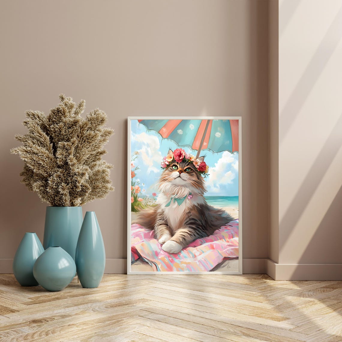 Fluffy Long-Haired Cat in Flower Crown Under Beach Umbrella Poster - Image 4