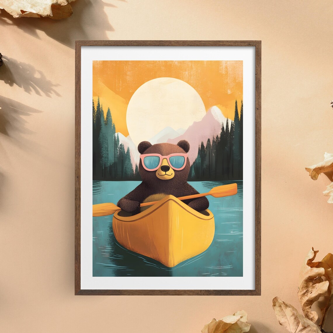 Cool Dark Bear in Pink Sunglasses Paddling a Yellow Canoe at Sunset Poster - Image 2
