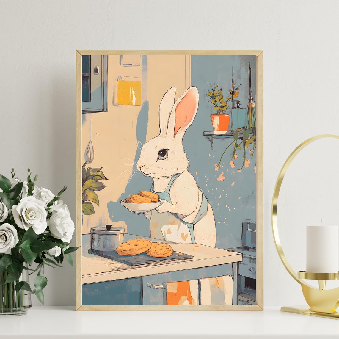 Cute Rabbit Baking Cookies In A Cozy Kitchen Bunny Illustration Poster - Image 2