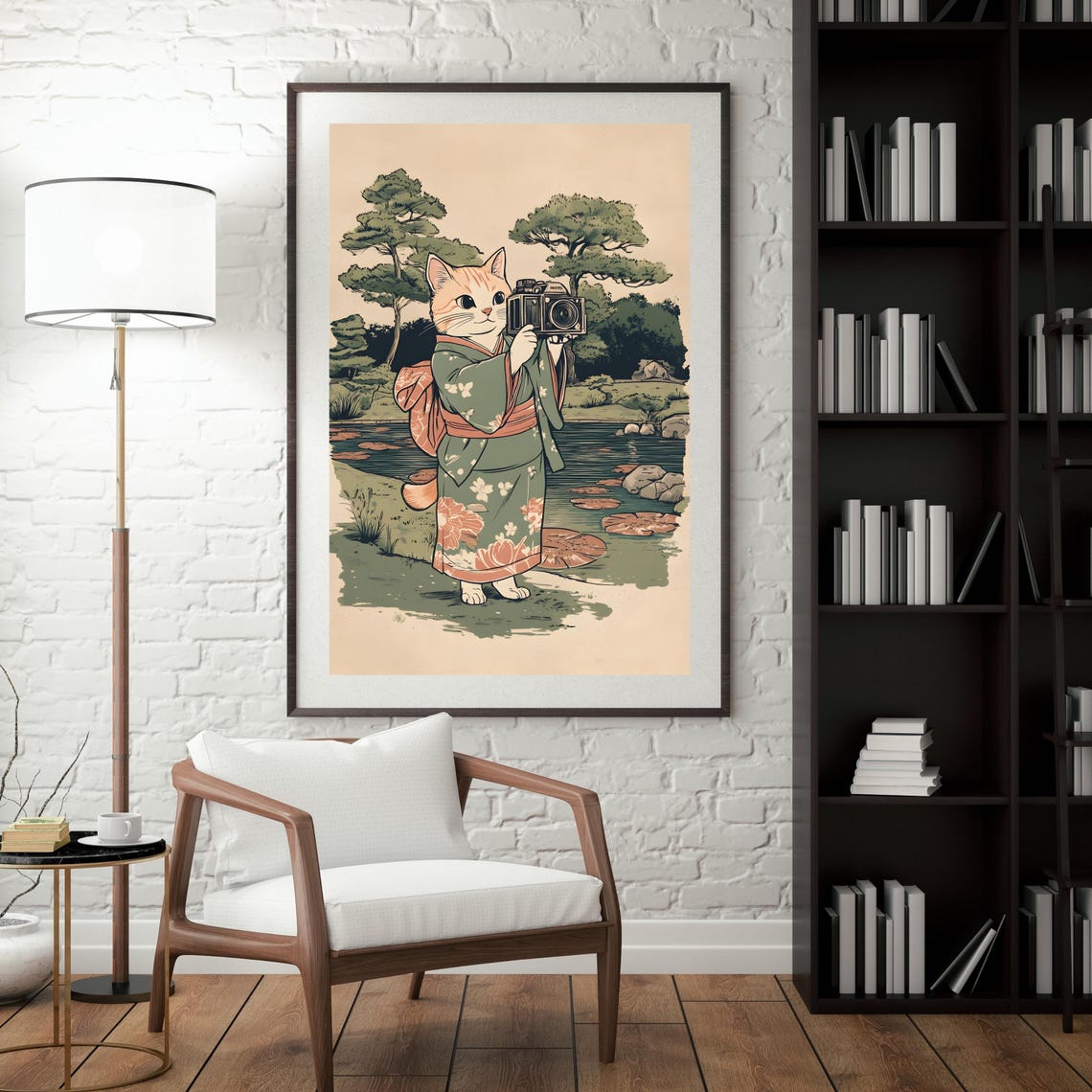 Ginger Cat Photographer in Kimono Holding Vintage Camera Poster - Image 3