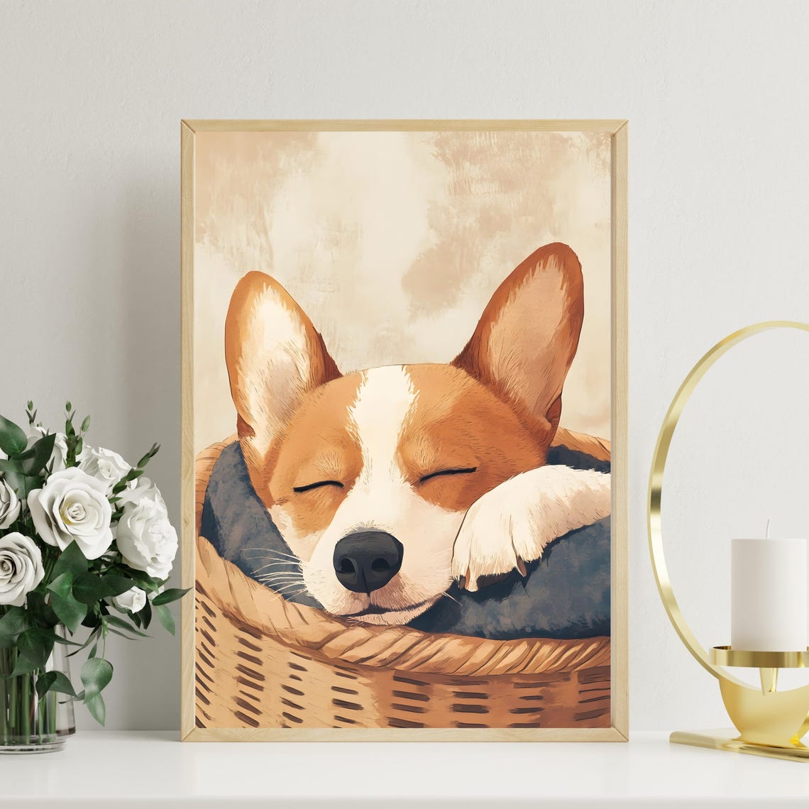 Sleeping Corgi Puppy Curled in Wicker Basket Cozy Dog Nursery Poster - Image 2