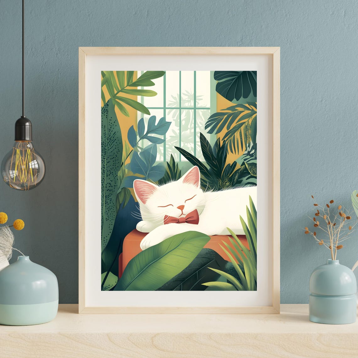 White Cat With Red Bow Tie Sleeping Among Tropical Plants Poster