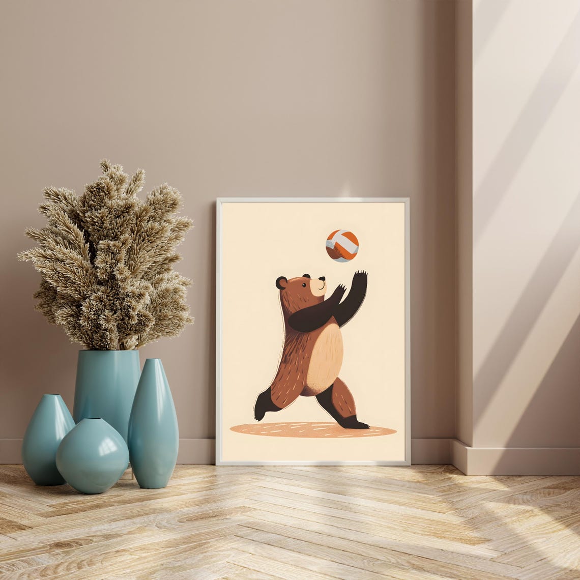 Playful Brown Bear Reaching for a Colorful Beach Ball Poster - Image 8