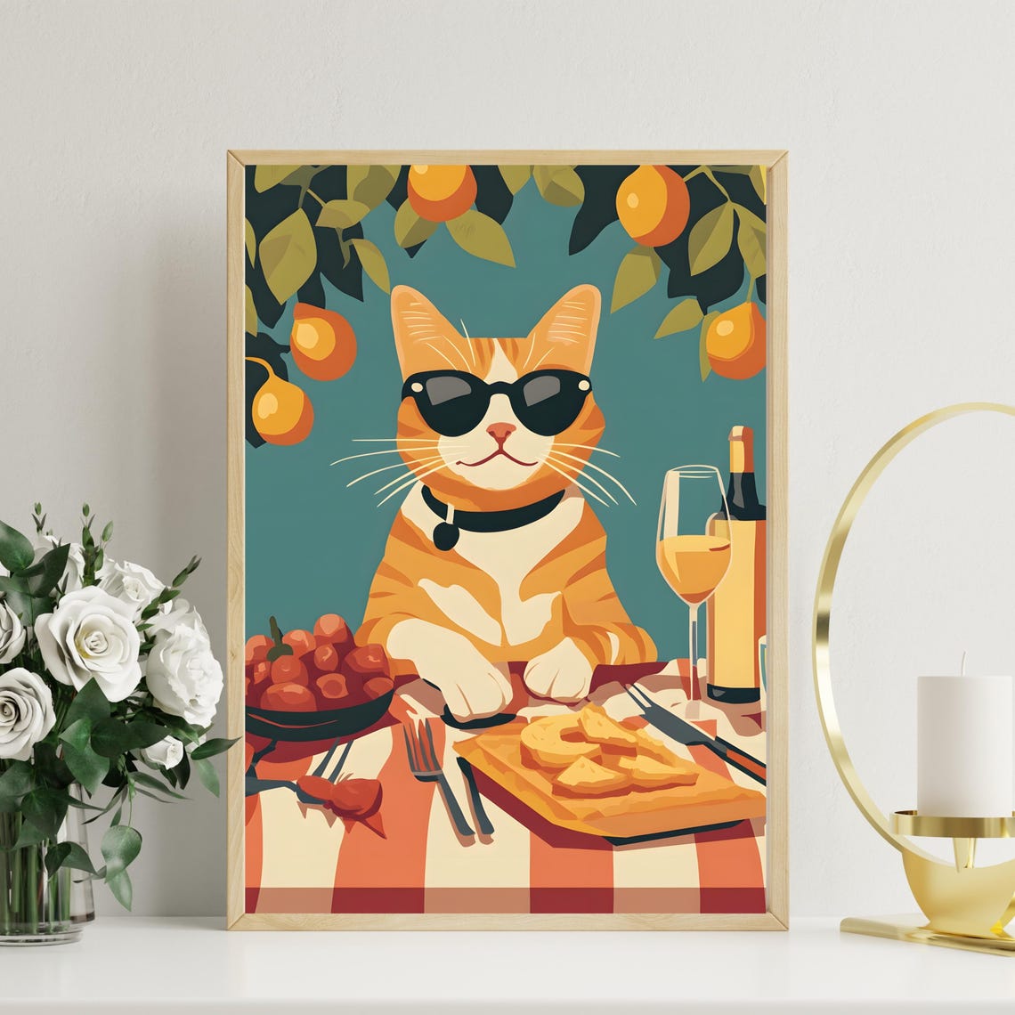 Cool Orange Cat With Sunglasses at Lemon Picnic Table Poster - Image 2