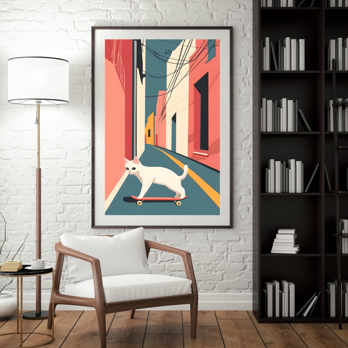 White Cat Skateboarding Down Colorful City Street Art Poster - Image 2