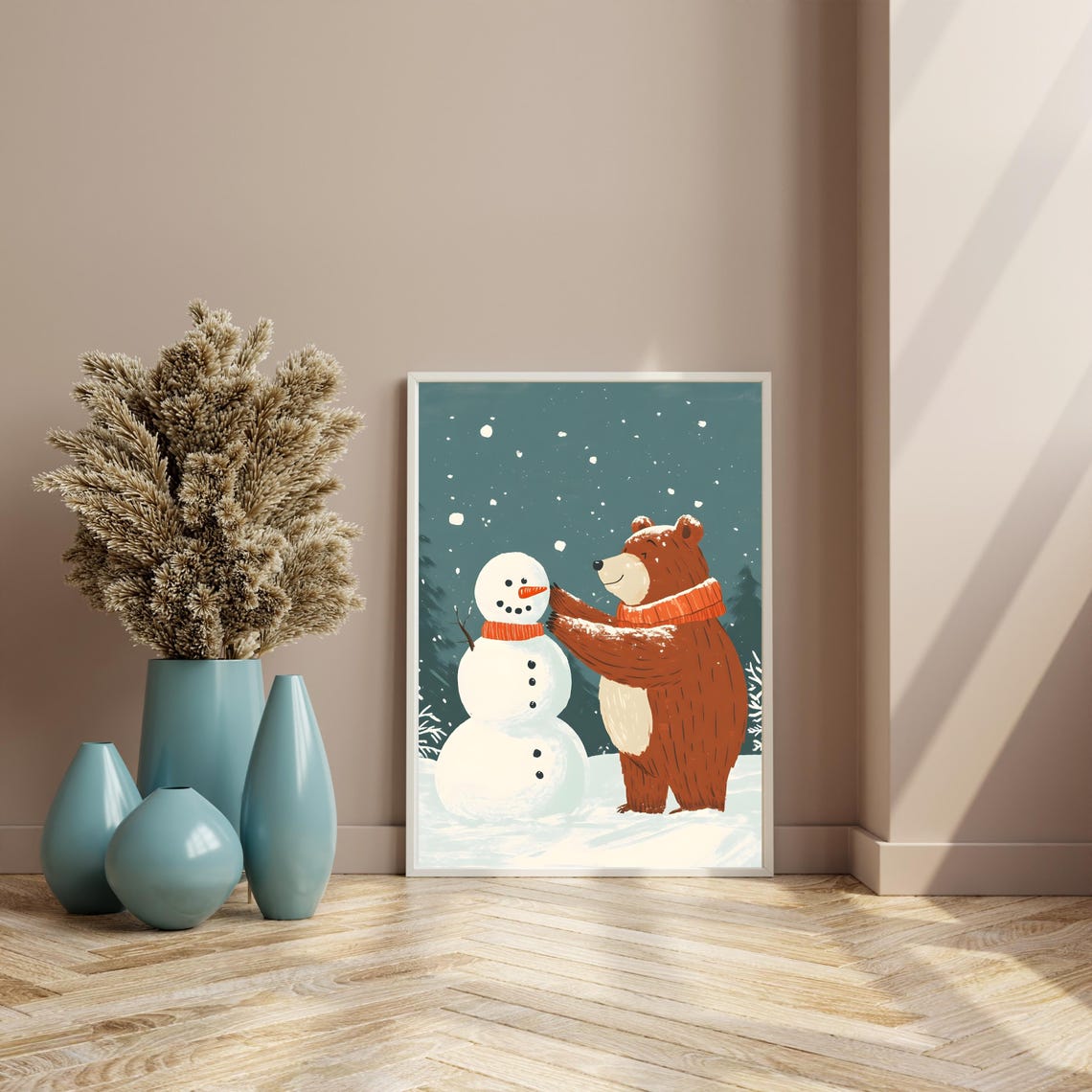 Cute Brown Bear in Orange Scarf Building a Snowman Winter Poster - Image 8