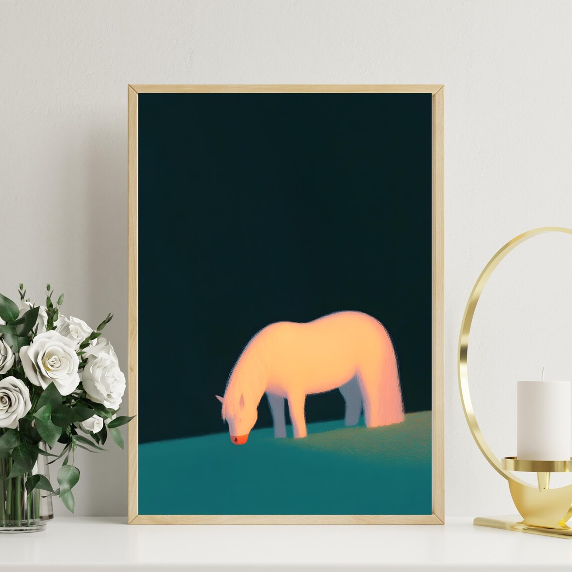 Enchanting White Horse Poster White Horse Wall Art Serene Horse Art Minimalist Animal Art Dreamy Horse Illustration