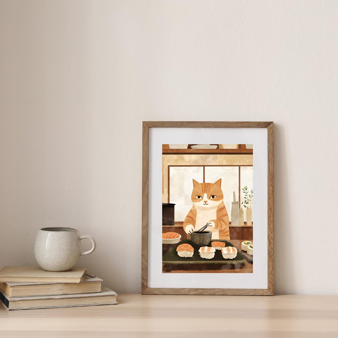 Orange Tabby Cat Chef Eating Sushi In A Cozy Japanese Kitchen Poster - Image 3