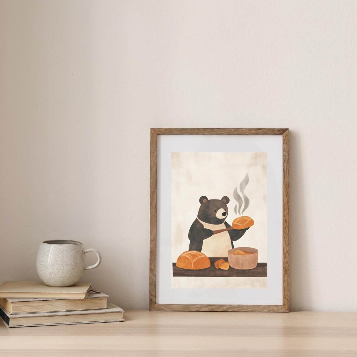 Jolly Black Bear Baker in a Cream Apron Presenting a Steaming Loaf Poster - Image 7