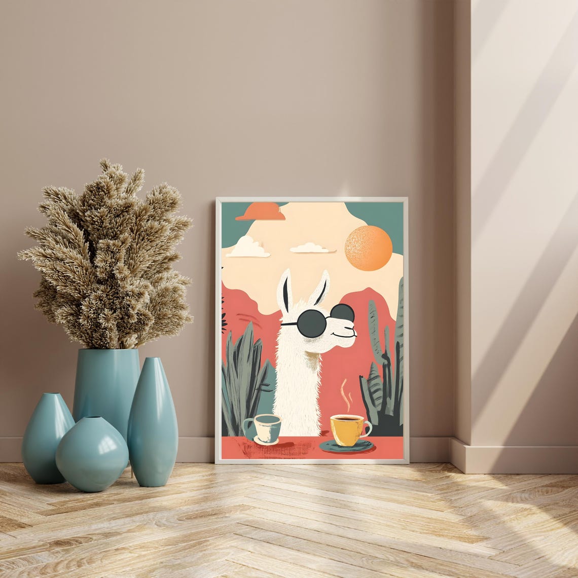Cool Llama in Sunglasses with Two Coffee Cups on a Desert Poster - Image 8