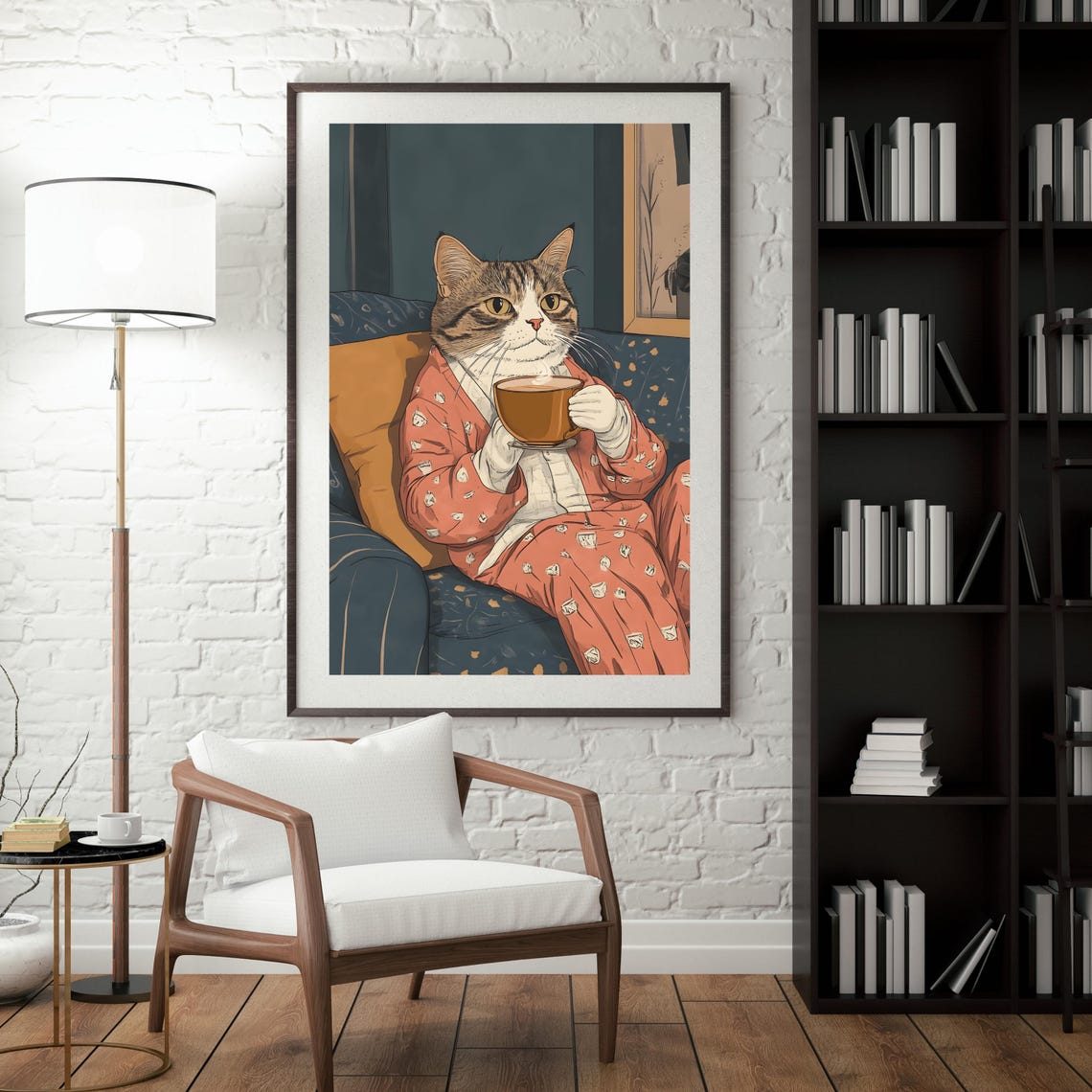 Cozy Tabby Cat in Pajamas Drinking Coffee on a Blue Sofa Poster - Image 4