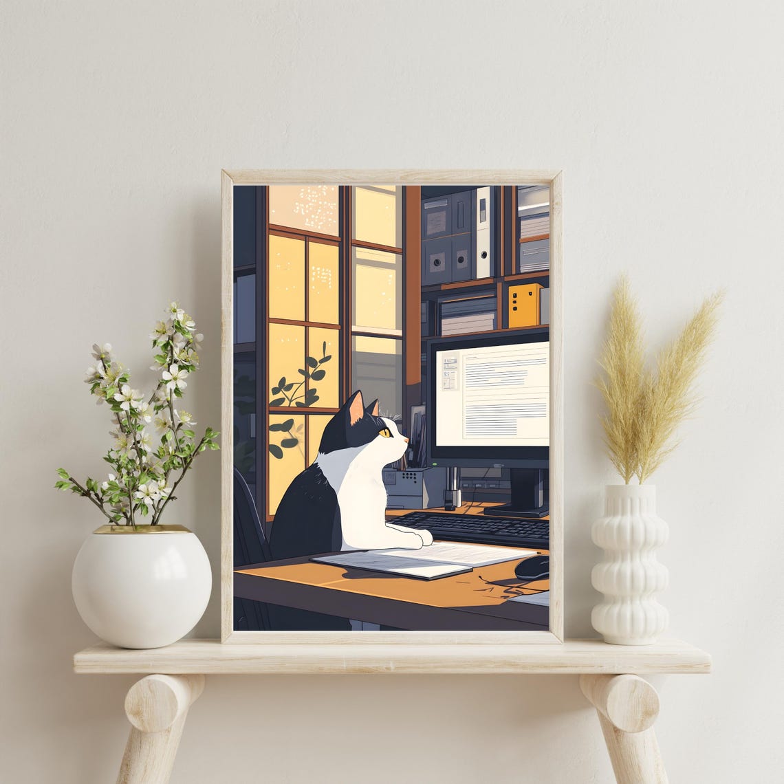 Cat at Computer Night Office Funny Workspace Animal Nursery Art Poster - Image 6