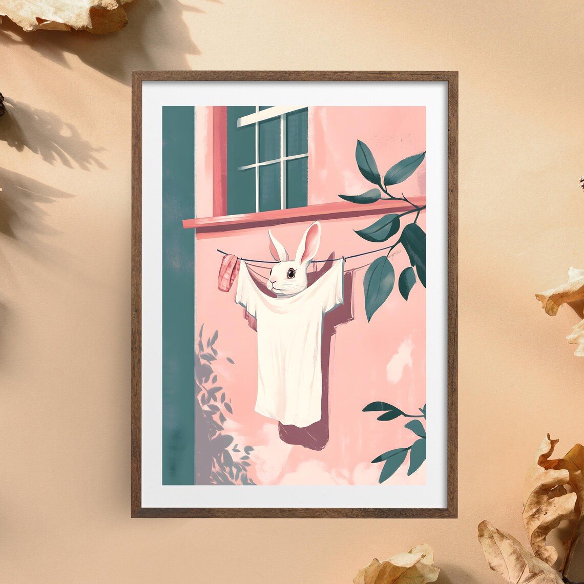 Curious White Rabbit Peeking Through Laundry Drying on a Clothesline Poster - Image 4
