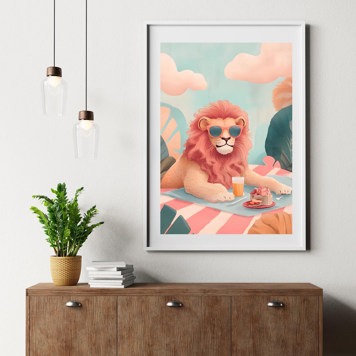 Carefree Lion With a Coral Mane and Sunglasses Lounging at a Pink Picnic Poster - Image 4