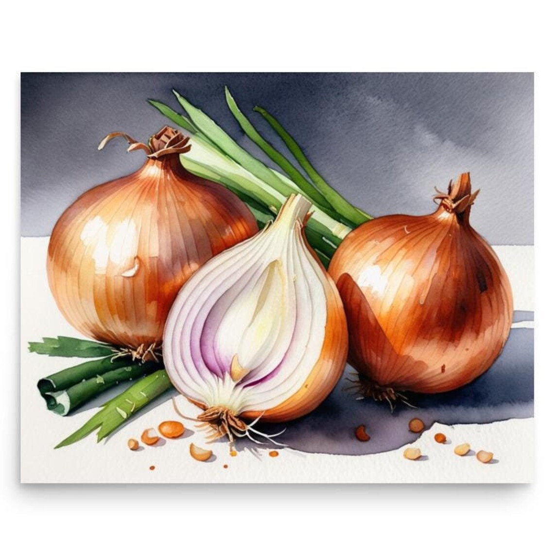 Golden Onions One Halved With Green Stalks Watercolor Kitchen Poster