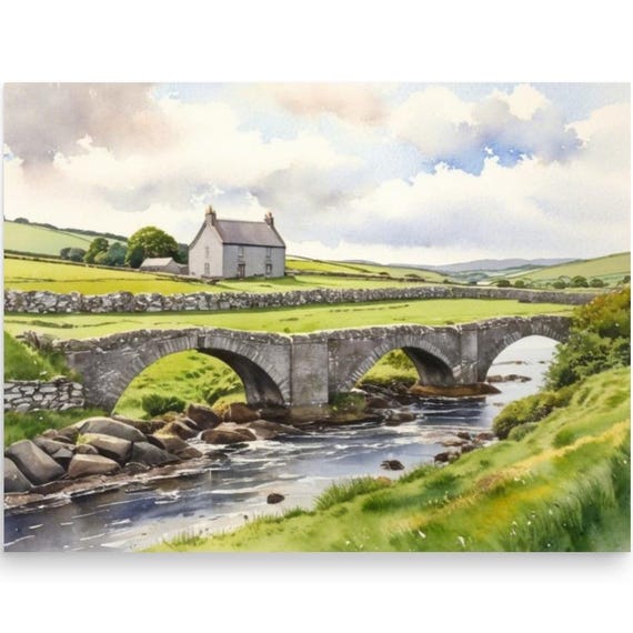 English Farmhouse Painting Cottage Watercolor Art Print Small River And Bridge Art English Countryside Landscape England Country House Art