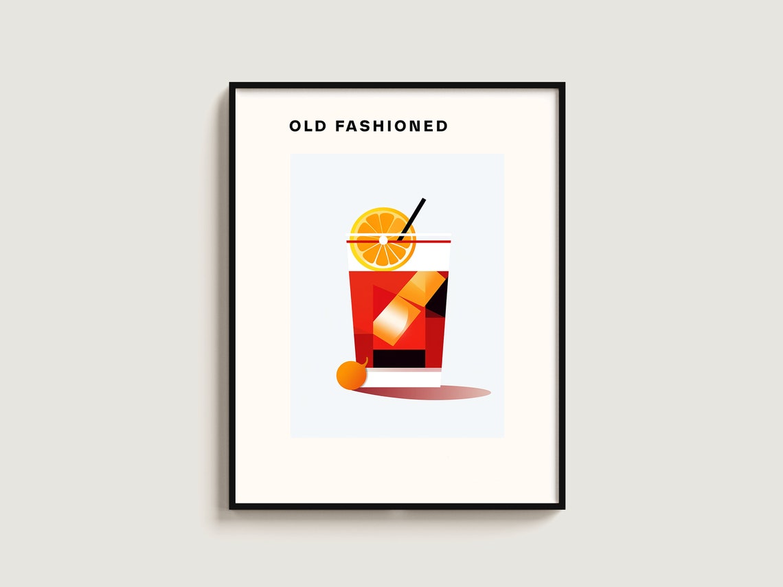 Old Fashioned Classic Cocktail Red Illustration Home Bar Decor Poster