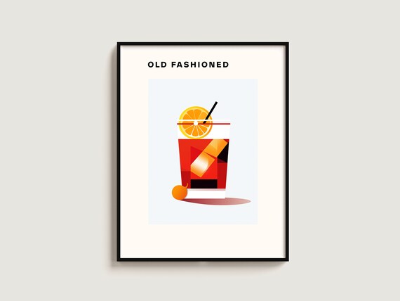 Old Fashioned Classic Cocktail Red Illustration Home Bar Decor Poster