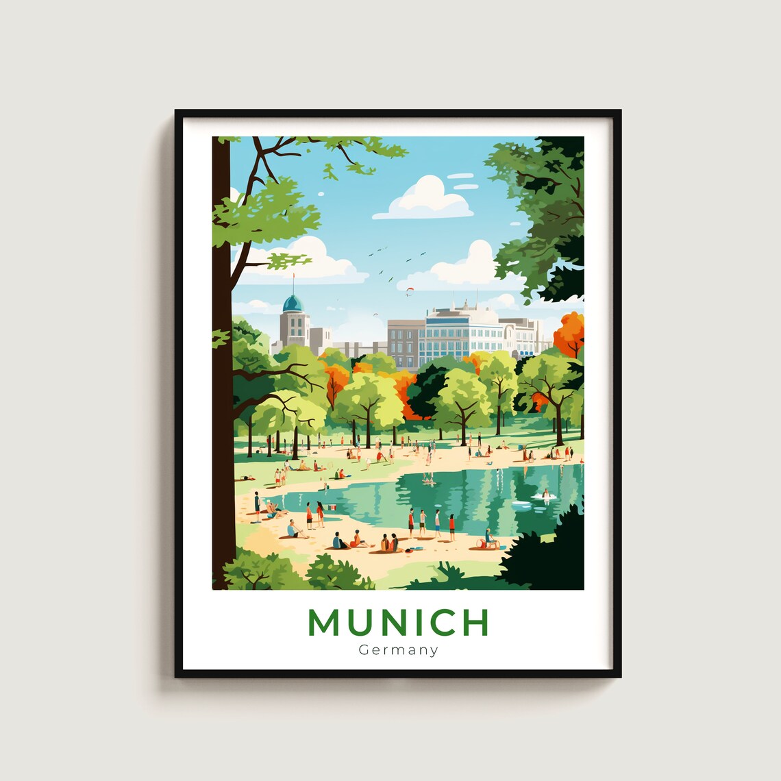 Munich Germany English Garden Lake Summer Park Scene Travel Poster