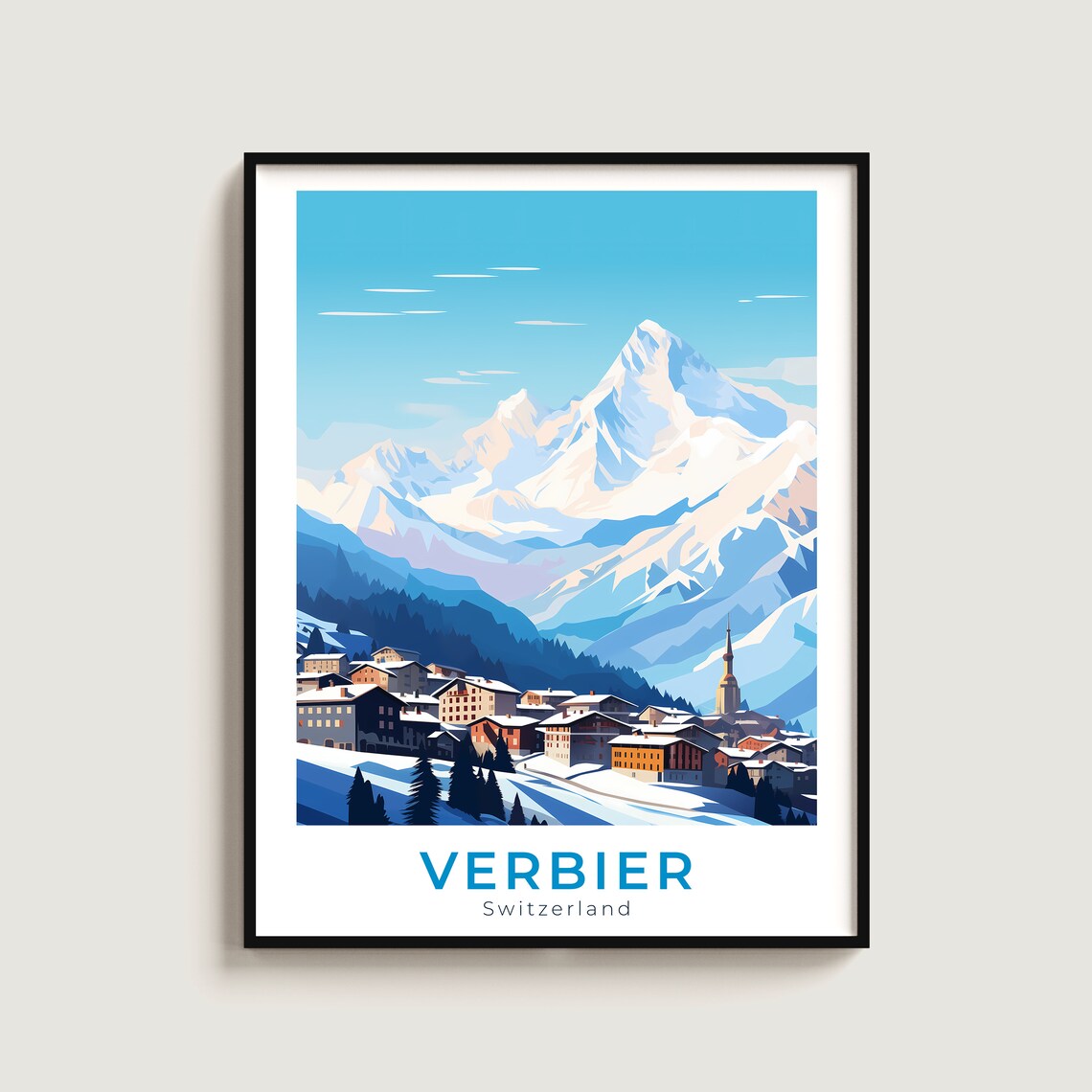 Verbier Switzerland Alpine Village Church Spire Peak View Poster