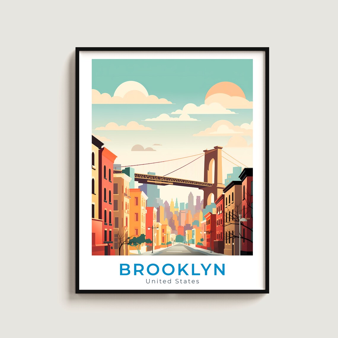 Brooklyn Bridge New York Brownstone Street Manhattan Travel Poster