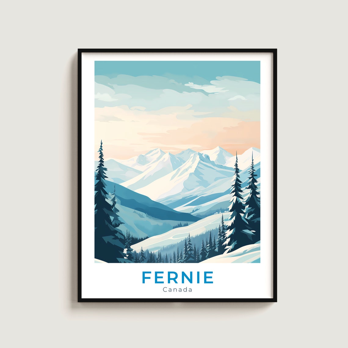 Fernie Canada Pastel Sunset Snowy Peaks Pine Forest Ski Travel Poster