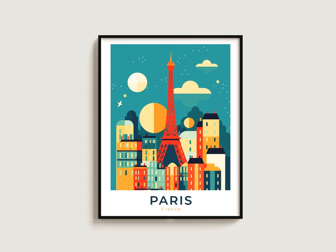 Paris France Eiffel Tower Retro Modern Night Skyline Poster Art
