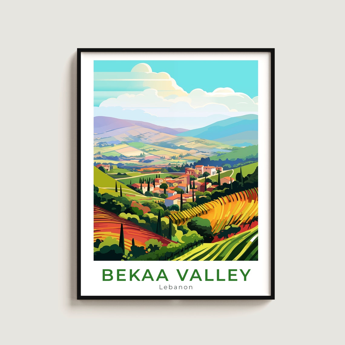 Bekaa Valley Lebanon Colorful Vineyard Hills Village Travel Poster