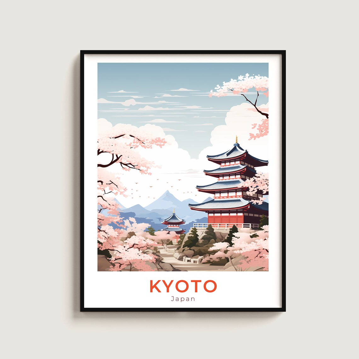 Kyoto Japan Vermilion Pagoda Cherry Blossom Spring Travel Poster