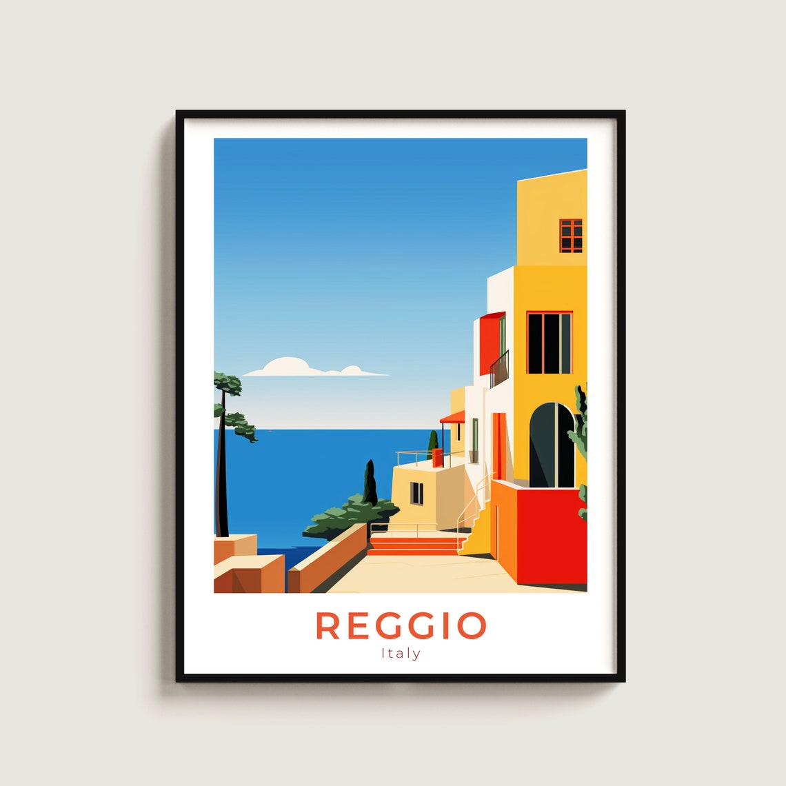 Reggio Italy Colorful Seaside Buildings Over Blue Sea Poster